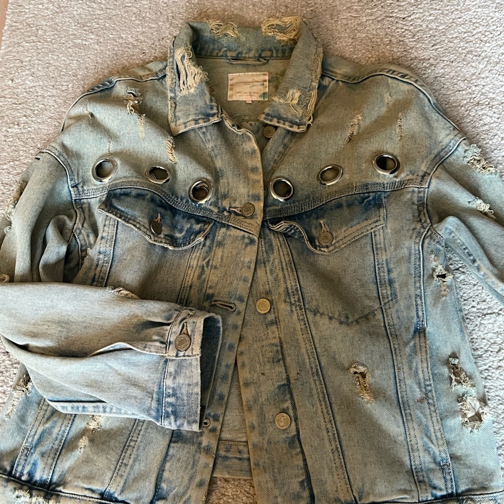 Zara Light Blue Distressed Jean Jacket with Grommets